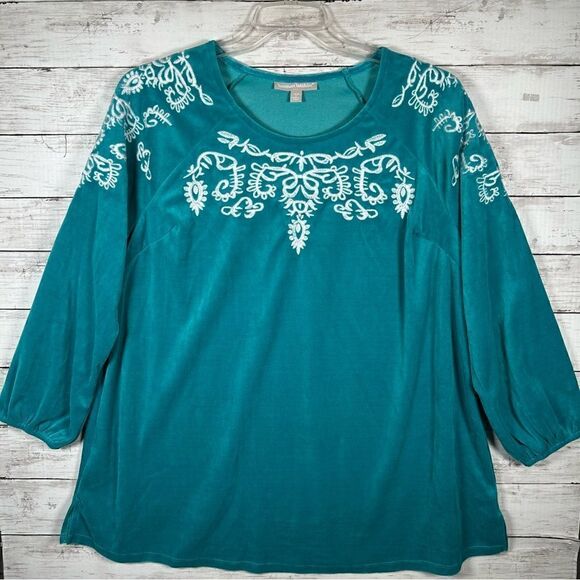 Woman Within Plus Size 14/16 M Turquoise  Velour Embroidered A-line Tunic Top - Picture 1 of 9